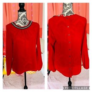 Daytrip Women’s Red Cut Out Sleeve Beaded Neck Button Up Back Blouse S